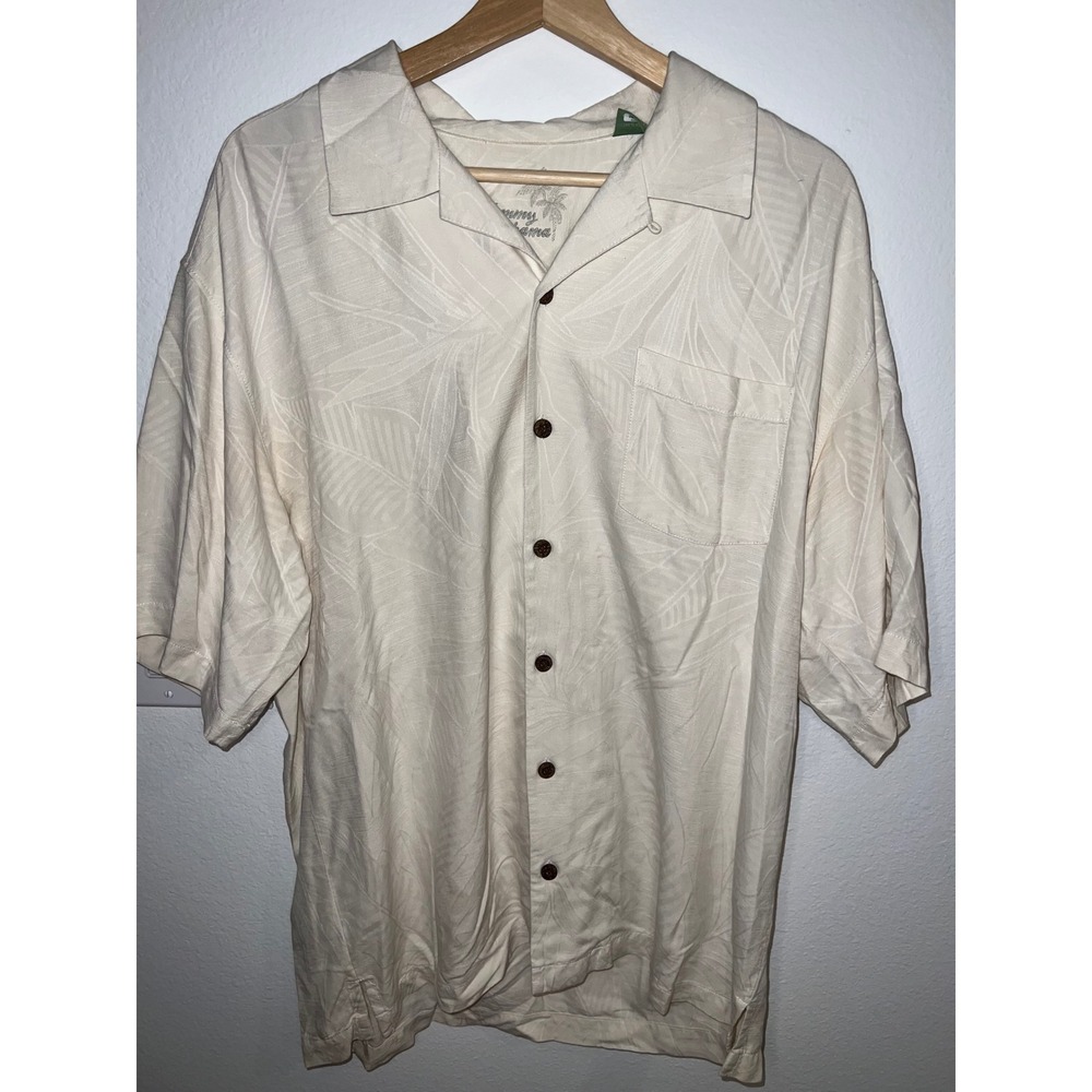 Tommy Bahama Button Up Mens Large Off-White Good Silk Tropical Leaf Camp Shirt